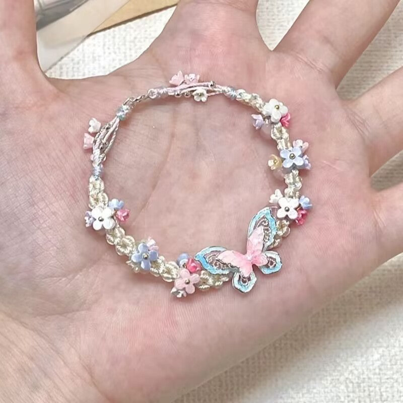 Iris Purple Butterfly String Bracelet – Hand-Woven Flower & Butterfly Charm, Sweet Niche Design High-Value Gift for Women