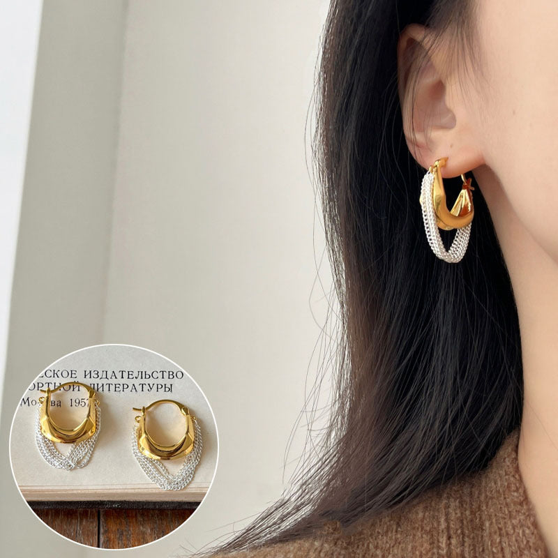 French Retro Gold Hoop Earrings - S925 Silver Needle Minimalist Thick Hoops - 18K Gold Plated Niche Design High-End Earrings for Women