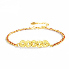 Red Rope "Five Emperors Money" Bracelet – 18K Gold Plated Lucky Amulet with "Broken Ice" Crystal, Light Luxury Niche Design for Women