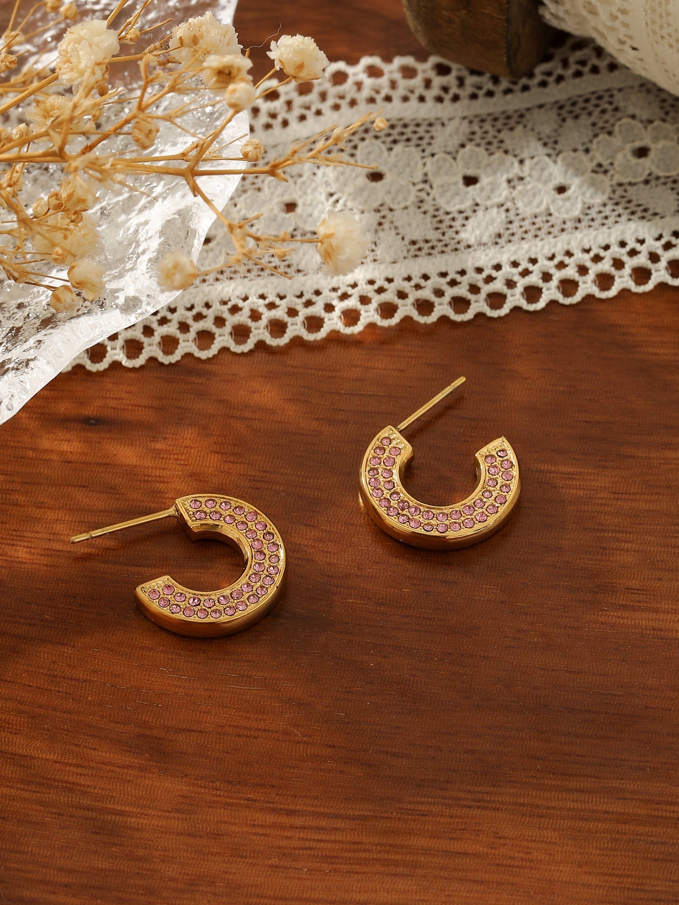 C-Shaped Pave Zircon Hoop Earrings – 18K Gold Plated Titanium Steel Multi-Color Sparkle Studs for Women