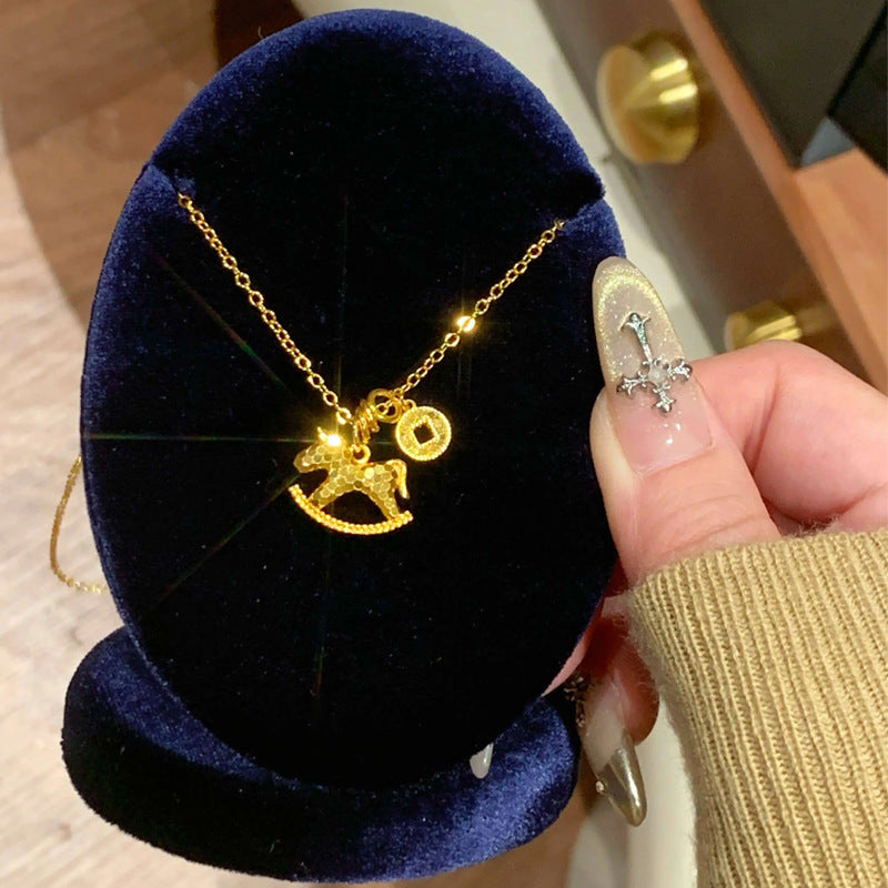Crushed Ice Coin Trojan Horse Pendant Necklace Women'S Light Luxury Niche Clavicle Chain High-End Autumn And Winter Year Of The Horse Necklace Jewelry