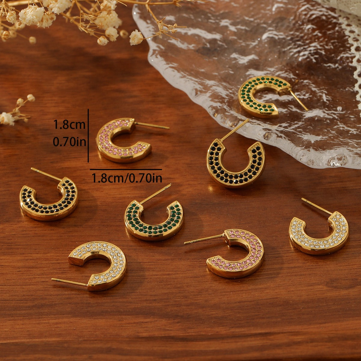 C-Shaped Pave Zircon Hoop Earrings – 18K Gold Plated Titanium Steel Multi-Color Sparkle Studs for Women
