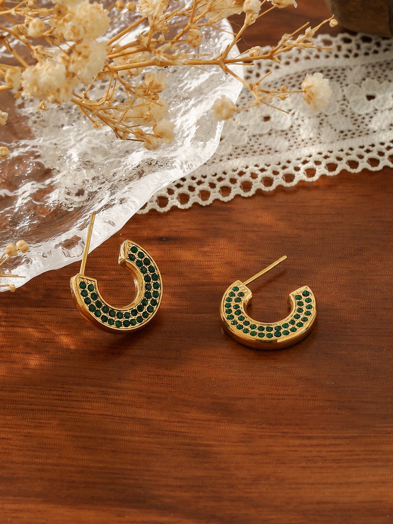 C-Shaped Pave Zircon Hoop Earrings – 18K Gold Plated Titanium Steel Multi-Color Sparkle Studs for Women