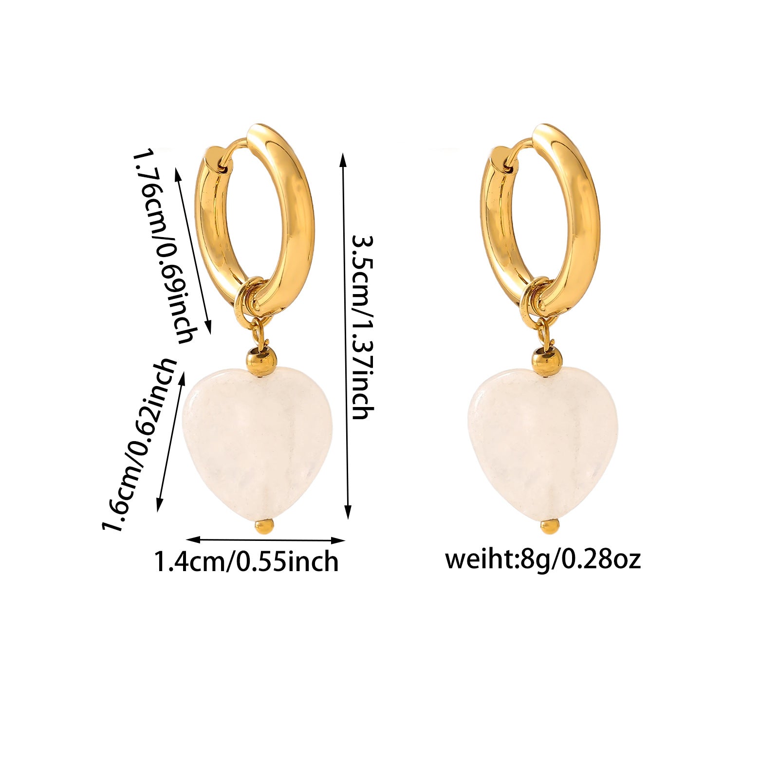 French Style Heart Ceramic Earrings - 18K Gold Plated Titanium Steel U-Shaped Hoop Earrings - Tarnish-Proof Love Heart Street Trend Jewelry