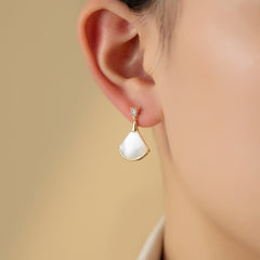 Natural Mother of Pearl Fan Earrings - Elegant 14K Gold Plated Shell Drop Earrings - Sophisticated Statement Jewelry for Office and Evening Wear