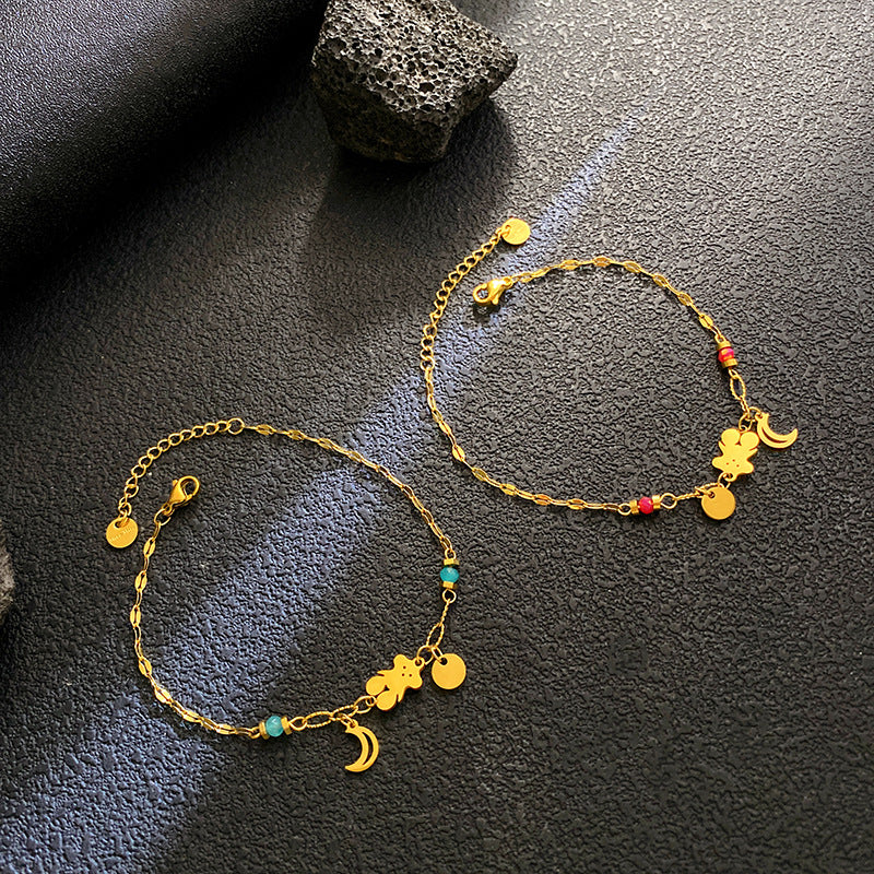 Multi-Color Bear & Crescent Moon Bracelet – 18K Gold Plated Titanium Steel, Fashionable "Sweet & Cool" Light Luxury Bracelet for Women
