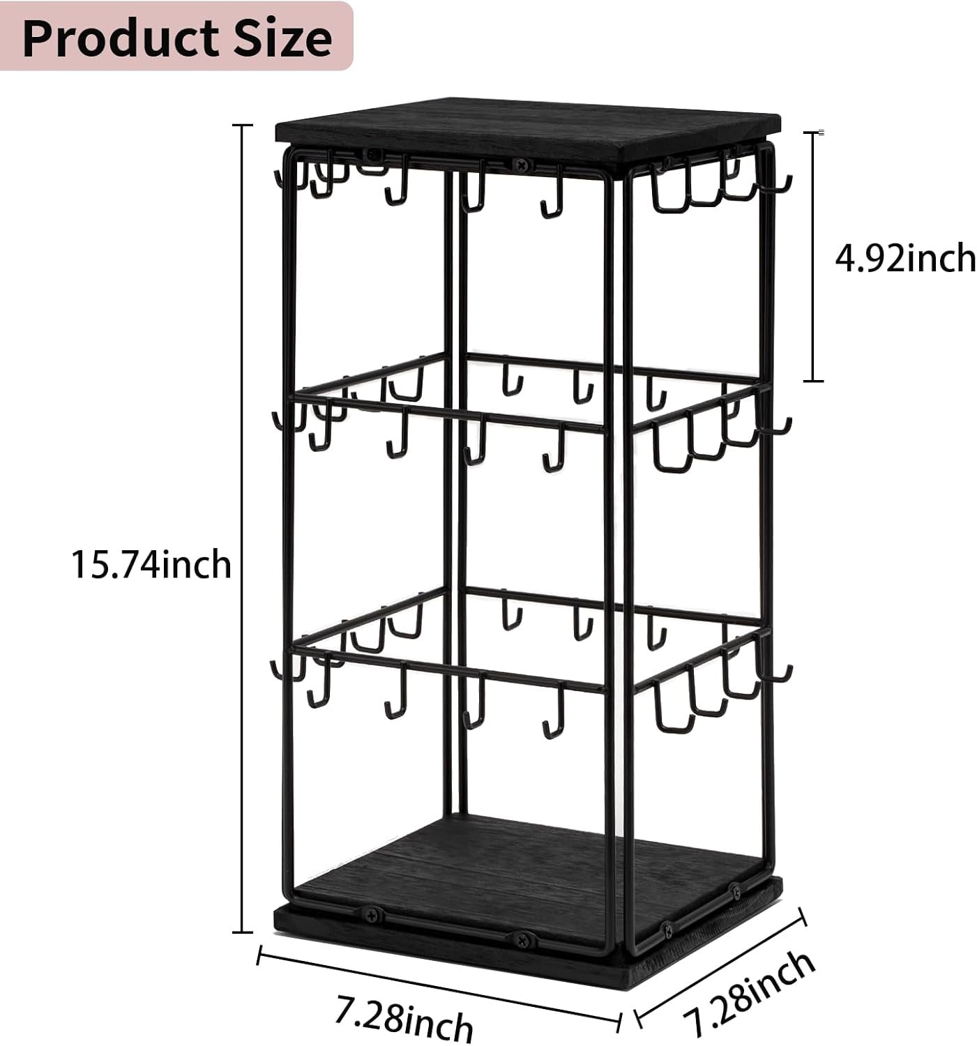 360° Rotating Walnut Jewelry Tower – Multi-Tier Wooden Earring & Ring Organizer with Hanging Hooks for Necklaces