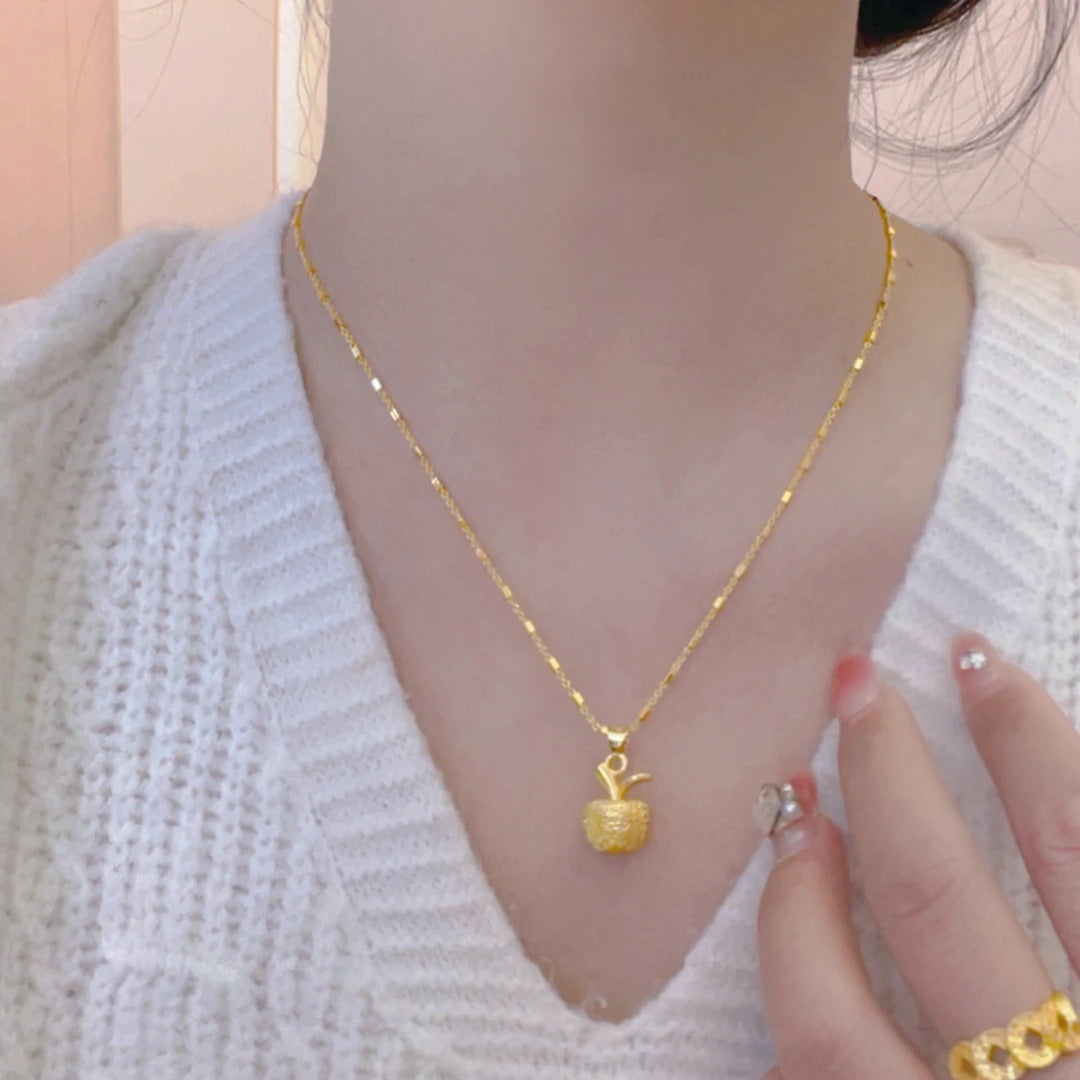 Lucky Apple Pendant Box Chain Necklace – 18K Gold Plated "Ping An" Square Link Clavicle Chain with M-Buckle Closure