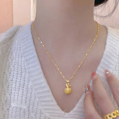 Lucky Apple Pendant Box Chain Necklace – 18K Gold Plated "Ping An" Square Link Clavicle Chain with M-Buckle Closure