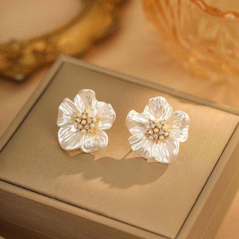 18K Gold Plated Flower Stud Earrings with Shell Pearls - Elegant Zircon Floral Dangles for Women