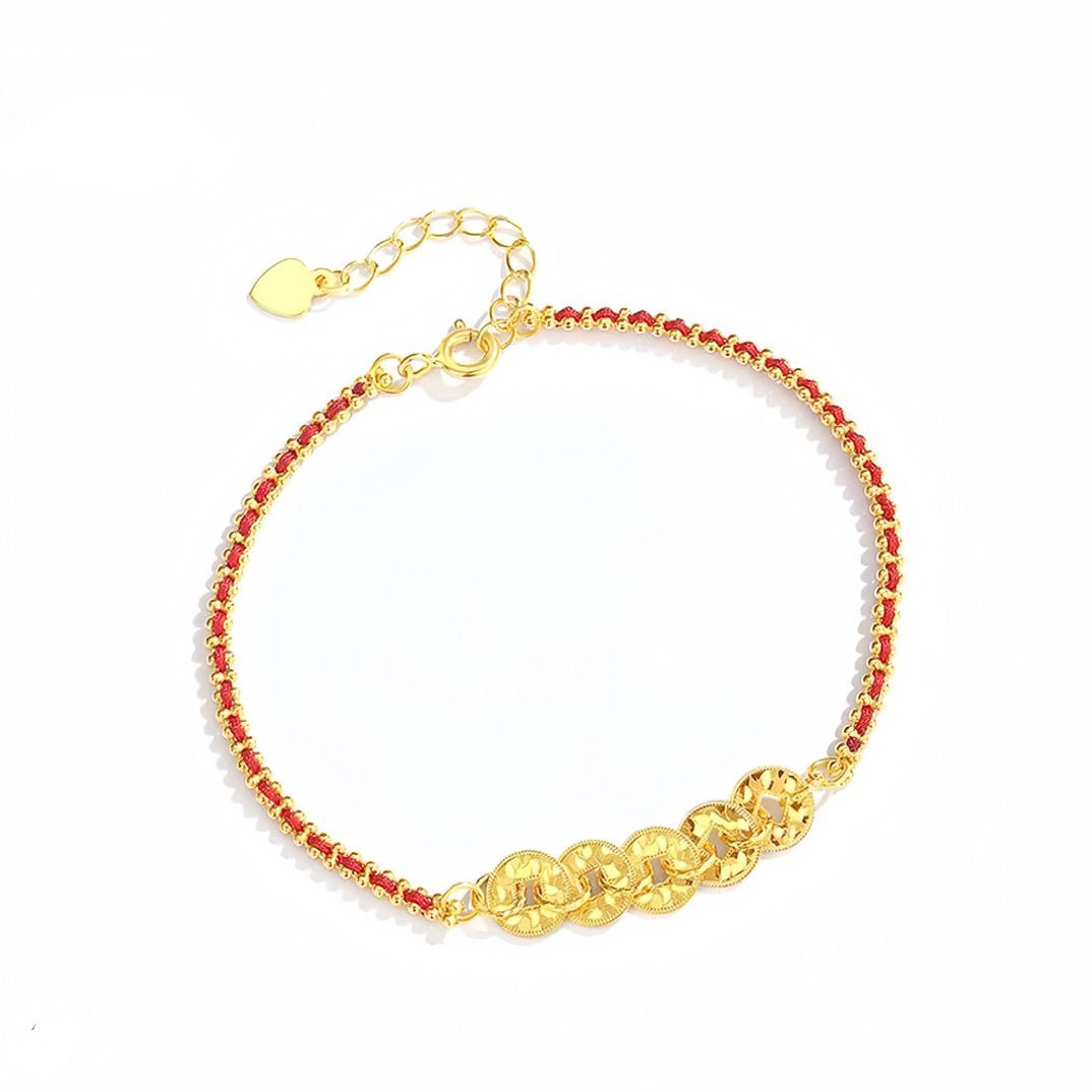 Red Rope "Five Emperors Money" Bracelet – 18K Gold Plated Lucky Amulet with "Broken Ice" Crystal, Light Luxury Niche Design for Women
