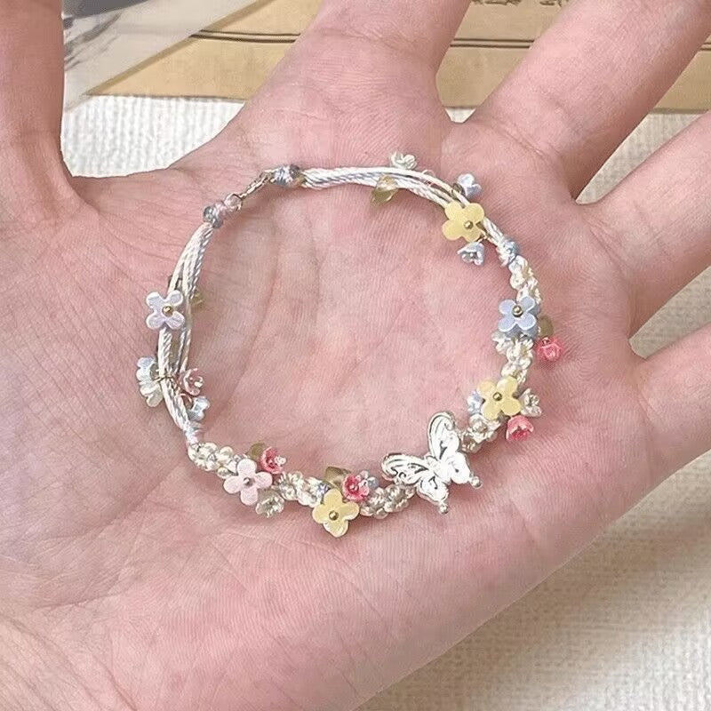 Iris Purple Butterfly String Bracelet – Hand-Woven Flower & Butterfly Charm, Sweet Niche Design High-Value Gift for Women