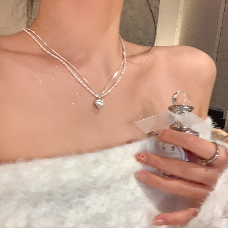 Double-Layer Brushed Love Pendant Necklace, Women'S Accessories, High-End, Light Luxury, Niche Fashion, Versatile And Gold-Like Clavicle Chain