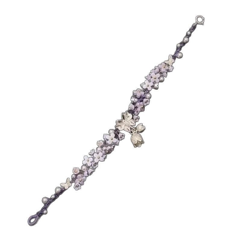Iris Purple Butterfly String Bracelet – Hand-Woven Flower & Butterfly Charm, Sweet Niche Design High-Value Gift for Women