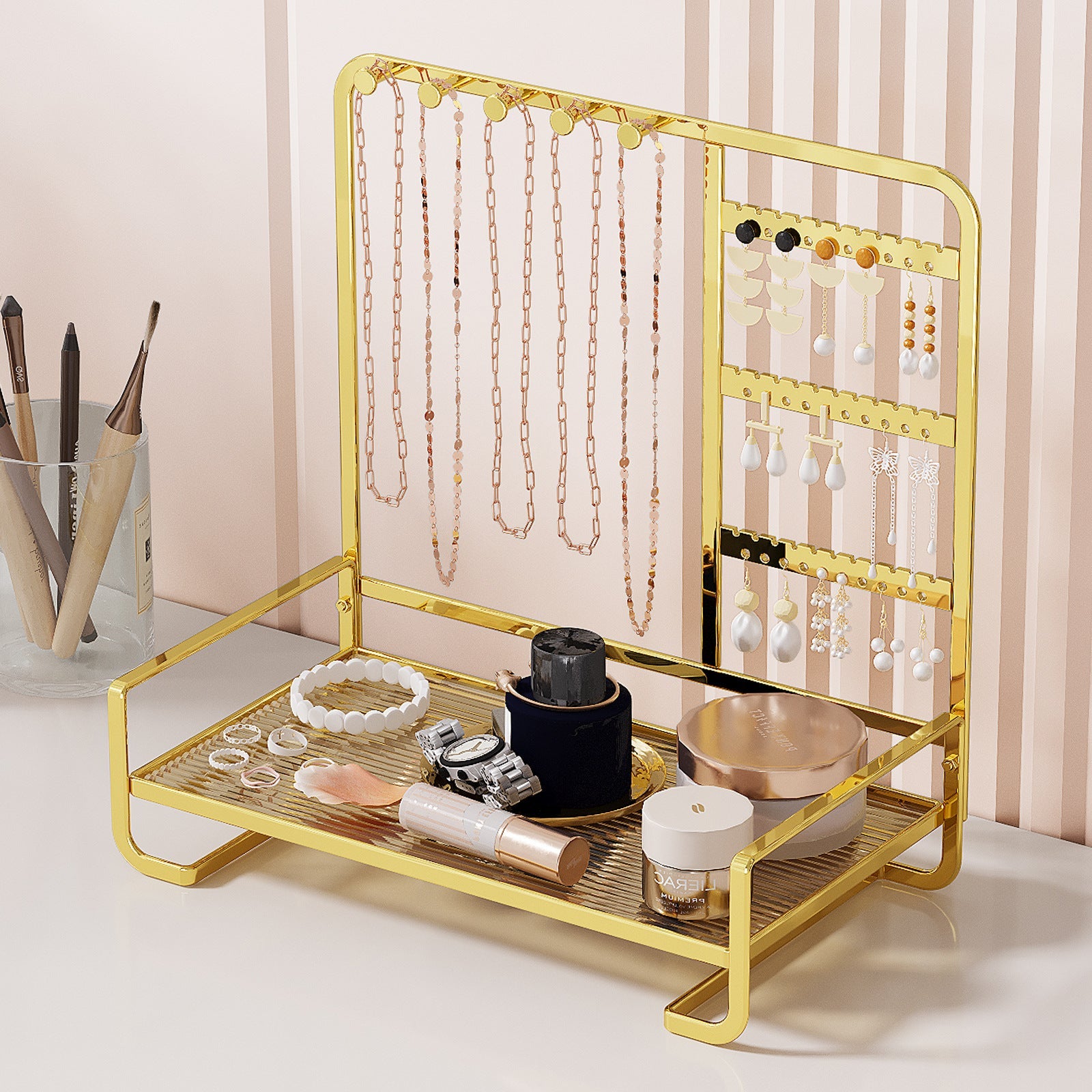 Multi-Tier Desktop Jewelry Organizer – 12.6-Inch T-Bar Necklace Stand & Bracelet Holder with Wooden Ring Tray