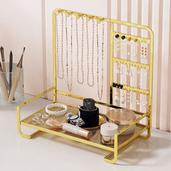 Multi-Tier Desktop Jewelry Organizer – 12.6-Inch T-Bar Necklace Stand & Bracelet Holder with Wooden Ring Tray