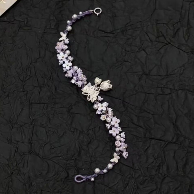 Iris Purple Butterfly String Bracelet – Hand-Woven Flower & Butterfly Charm, Sweet Niche Design High-Value Gift for Women
