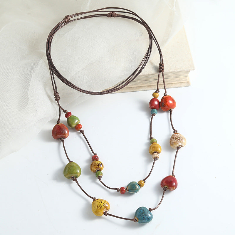 French Retro Double-Layer Ceramic Necklace – Colorful Beaded "Dopamine" Heart Pendant, High-End Versatile Long Style Jewelry