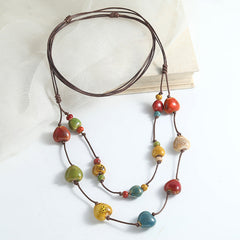 French Retro Double-Layer Ceramic Necklace – Colorful Beaded "Dopamine" Heart Pendant, High-End Versatile Long Style Jewelry