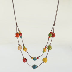 French Retro Double-Layer Ceramic Necklace – Colorful Beaded "Dopamine" Heart Pendant, High-End Versatile Long Style Jewelry
