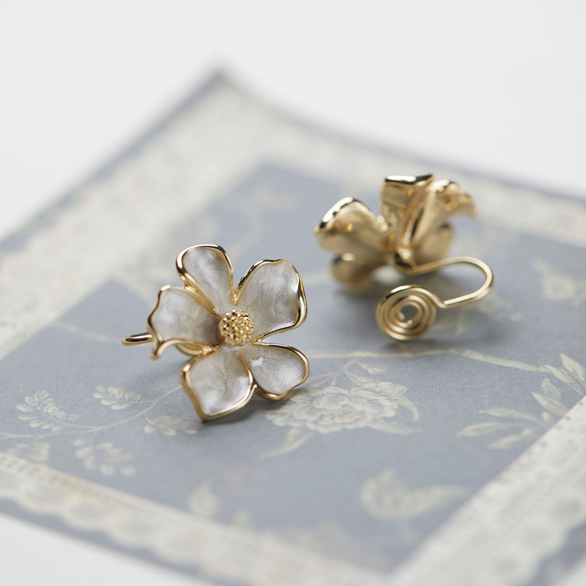 Jasmine Flower Clip-On Earrings - French Style White Enamel Floral Ear Clips for Non-Pierced Ears