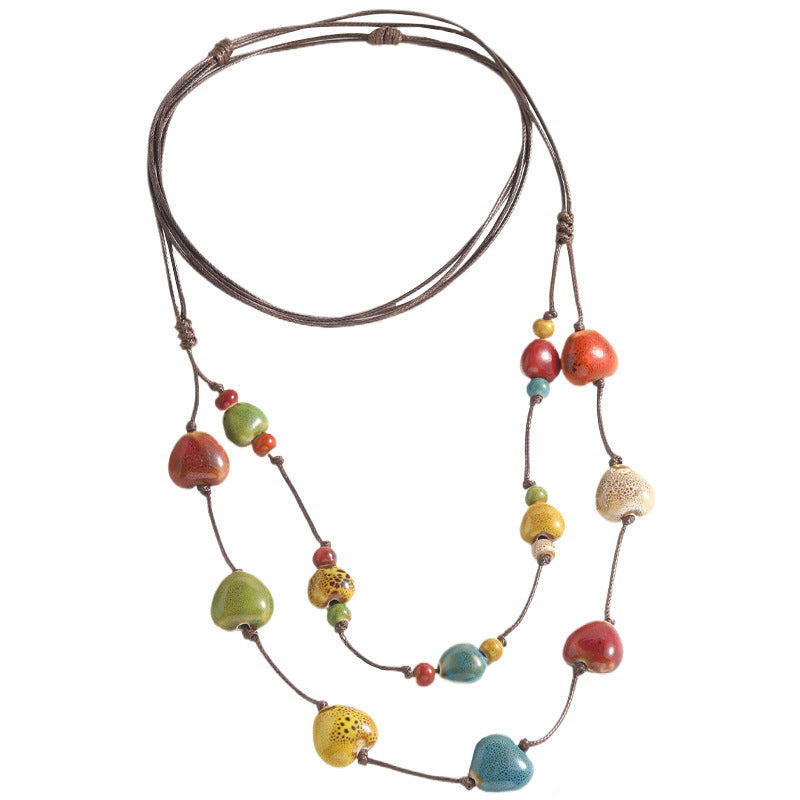 French Retro Double-Layer Ceramic Necklace – Colorful Beaded "Dopamine" Heart Pendant, High-End Versatile Long Style Jewelry