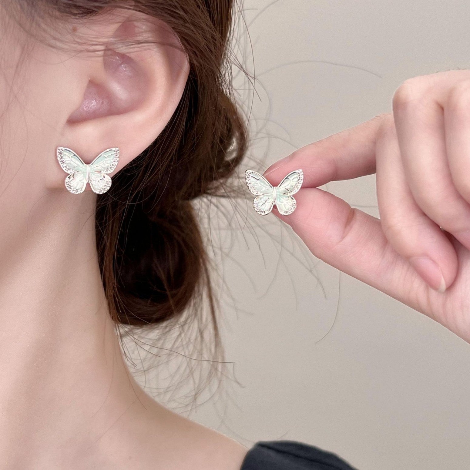 Mint Green Enamel Butterfly Stud Earrings - S925 Silver Needle Micro-Pave Zirconia Wings - Fresh Summer Aesthetic Jewelry for Women
