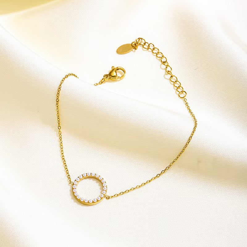 Geometric Pearl Link Bracelet – 18K Gold Plated Stainless Steel, Niche Design European & American Fashion Bracelet for Women