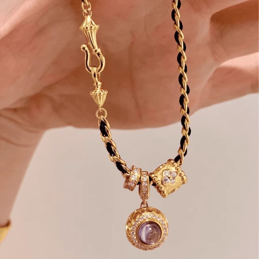 Second-Hand Pink-Purple Crystal Full Circle Zircon Bracelet – Black Gold "Small Waist" Design, Fashionable & Versatile Tennis Bracelet for Women