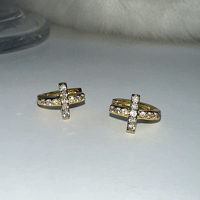 S925 Sterling Silver 14K Gold Plated Cross Stud Earrings - Hypoallergenic Dainty CZ Micro-Inlay Tiny Cross Jewelry for Women