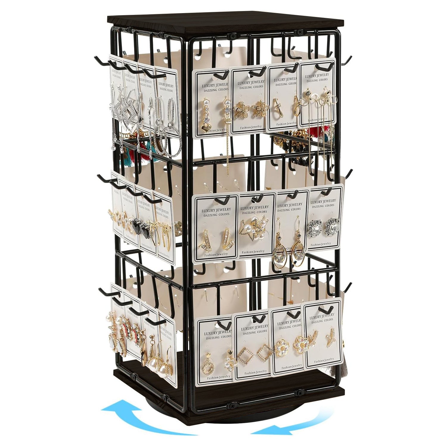 360° Rotating Walnut Jewelry Tower – Multi-Tier Wooden Earring & Ring Organizer with Hanging Hooks for Necklaces