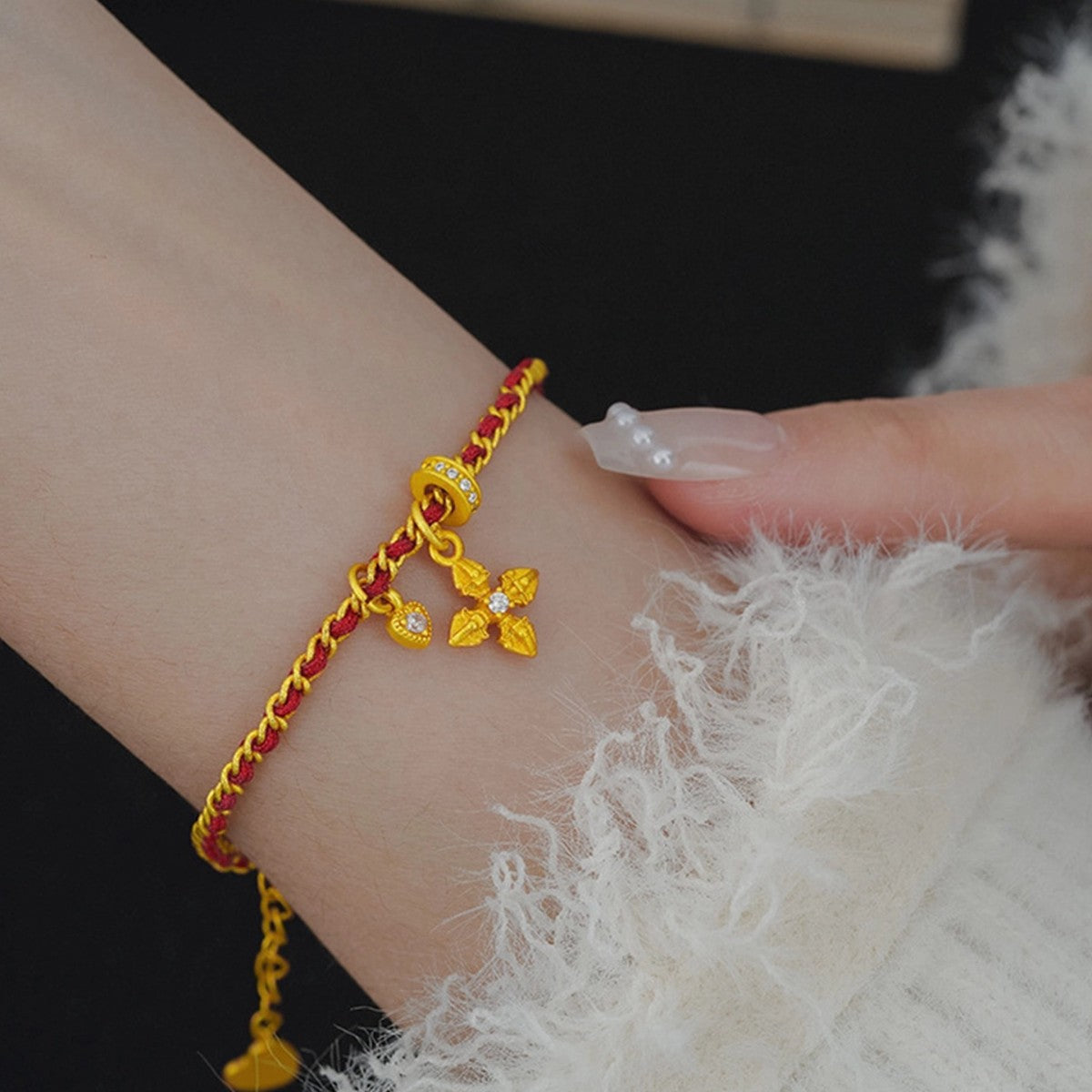 New Chinese Style Cross Vajra Love Bracelet – 18K Gold Plated Zircon Protection Charm, Red Braided Lucky Cord for Women