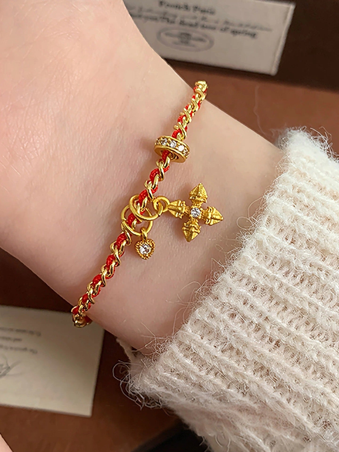 New Chinese Style Cross Vajra Love Bracelet – 18K Gold Plated Zircon Protection Charm, Red Braided Lucky Cord for Women