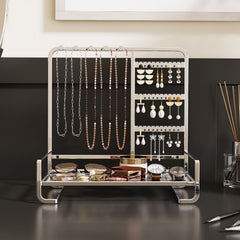 Multi-Tier Desktop Jewelry Organizer – 12.6-Inch T-Bar Necklace Stand & Bracelet Holder with Wooden Ring Tray